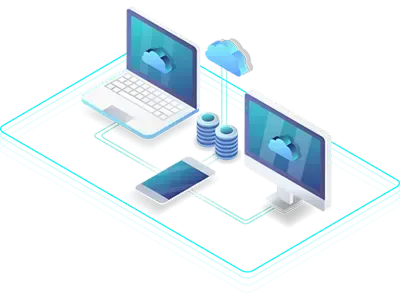 Two computers connected to one smartphone, that is linked to the cloud.