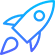 A blue rocket is flying through the air on a white background.