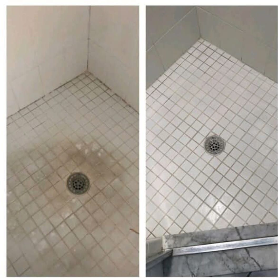 A before and after picture of a tiled shower floor.