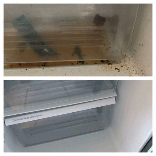 A before and after photo of a dirty refrigerator