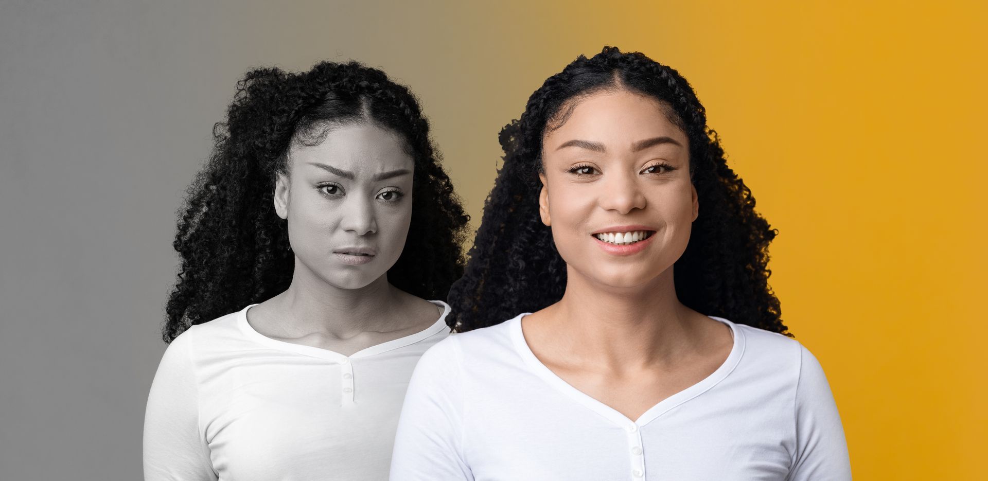 A woman is standing in front of a yellow and gray background.