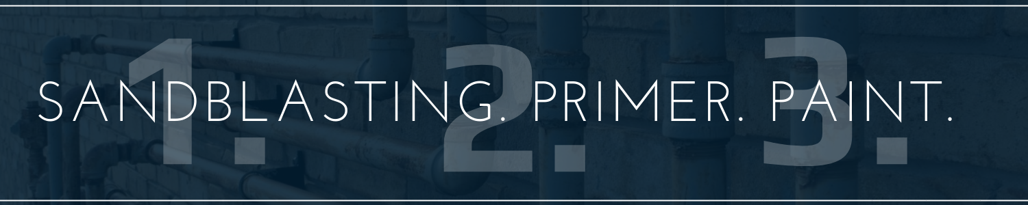 Large faded blue step label reading “2.3. SANDBLASTING. PRIMER. PAINT.”