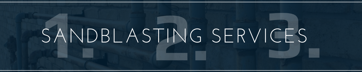 White text reading “SANDBLASTING SERVICES” over a dark blue background.