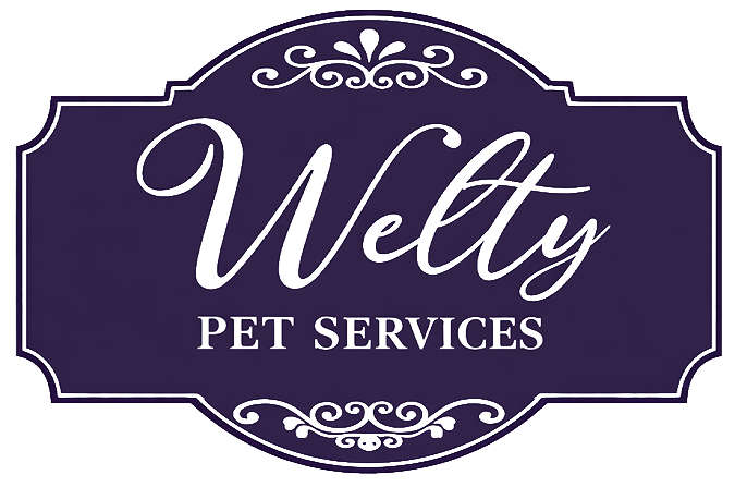 Logo for Welty Pet Services, featuring white script on a dark purple background.