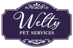 Logo for Welty Pet Services, featuring white script on a dark purple background.