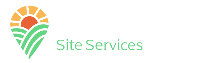 Logo with a sun, fields, and text that reads 