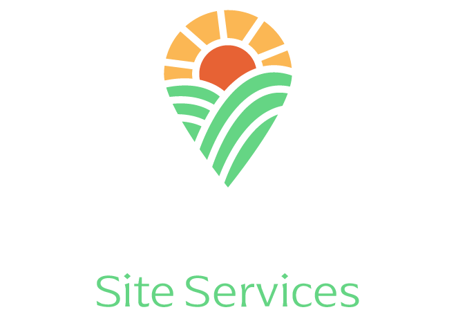 Logo: Green and orange stylized map pin with a sun and fields; 