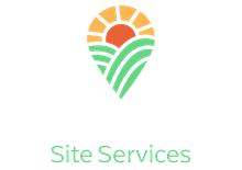 Logo: green location marker with a stylized sun over green fields; 