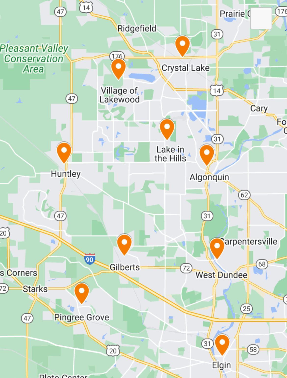 Map with orange location markers in Northern Illinois, including Crystal Lake, Elgin, and Algonquin.