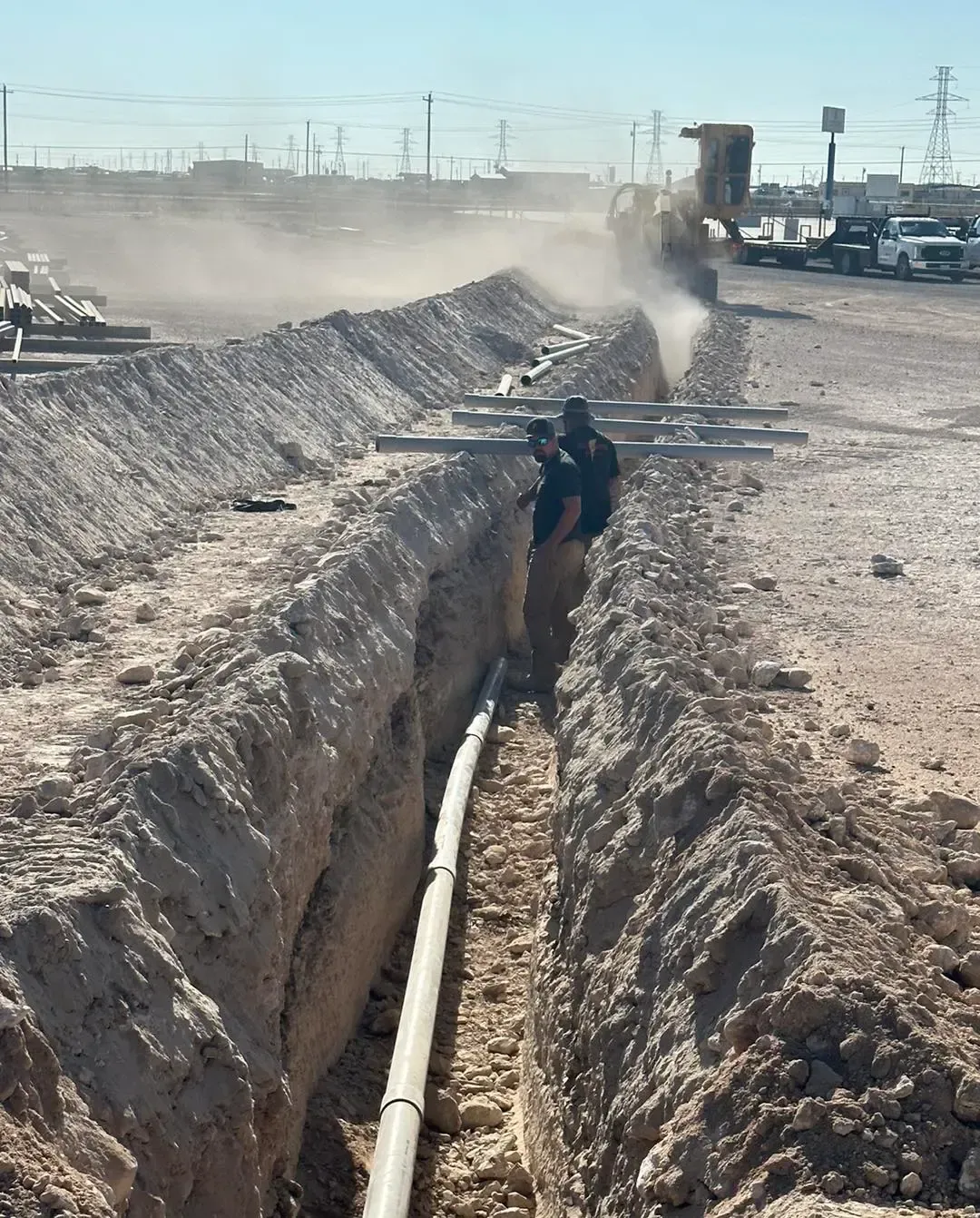 A man is digging a trench with a pipe in it