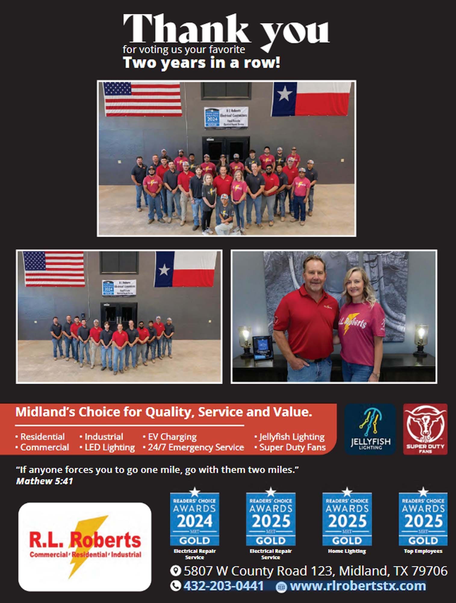 Advertisement for R.L. Roberts, Midland, TX. Celebrating two years. Includes photos of staff, awards, and services offered.