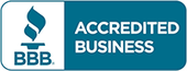 A blue and white badge that says accredited business on it.