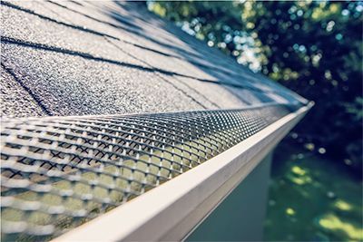 A close up of a gutter with a mesh on it.