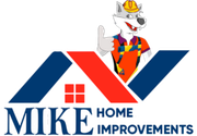 A logo for mike home improvements shows a wolf wearing a hard hat