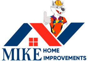 A logo for mike home improvements shows a wolf wearing a hard hat