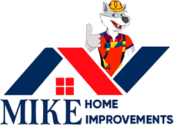 A logo for mike home improvements shows a wolf wearing a hard hat