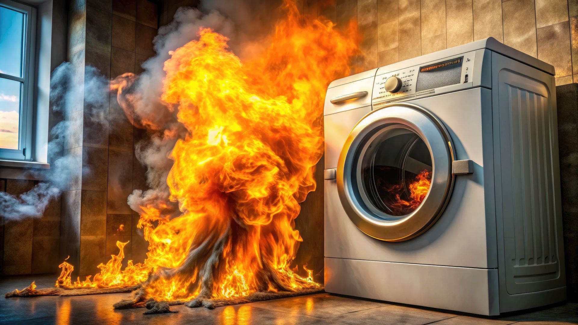 Silver air duct spewing white smoke and coated with debris in a close-up shot.