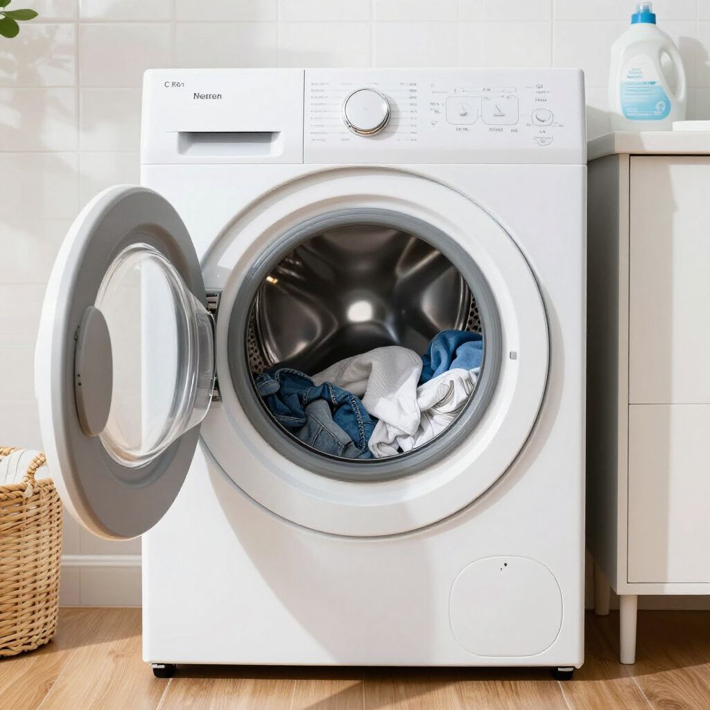 White front-loading washing machine with door open, containing clothes. Laundry room setting.