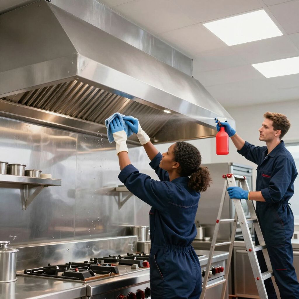 Two people cleaning a commercial kitchen. One sprays a vent hood; the other wipes it with a cloth.
