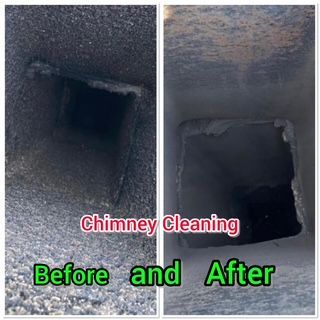 Person cleaning a chimney with a brush on a ladder outside.