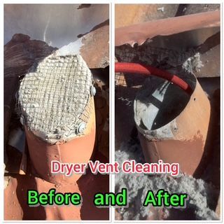 Man in blue uniform cleaning a washing machine with a brush in a utility room.