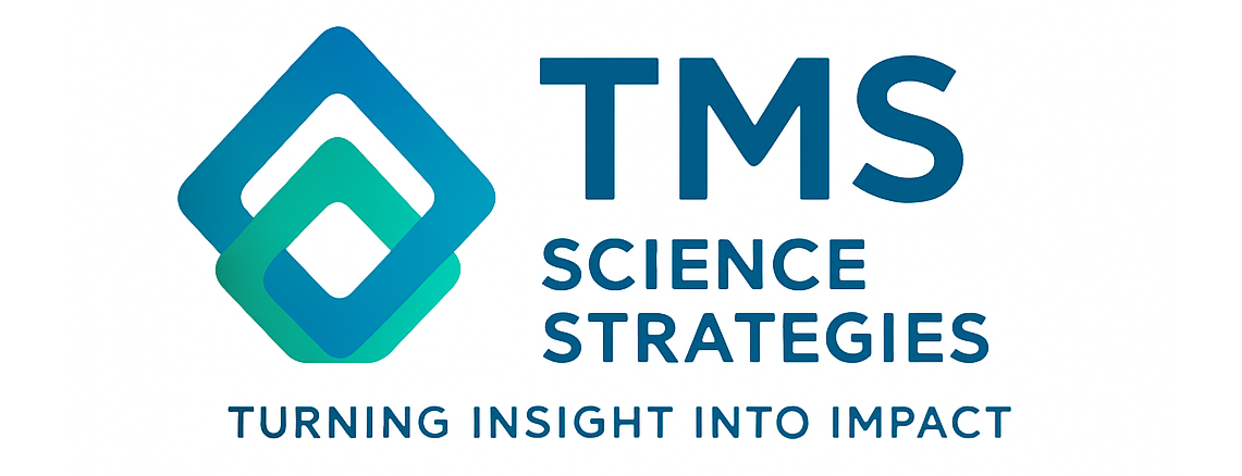 TMS Science Strategies with logo of blue and green linked diamonds. Includes slogan, Turning Insight into Impact