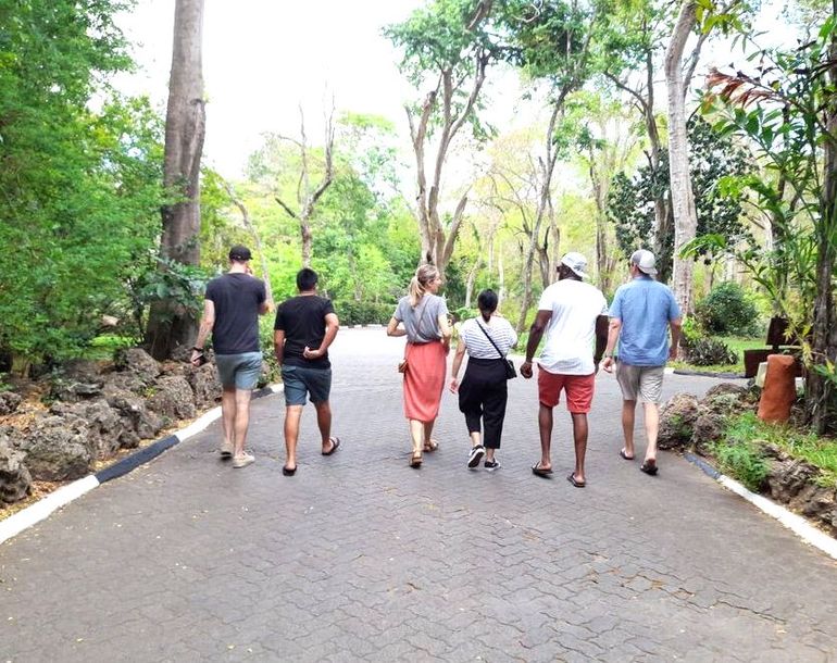 A group of people are walking along a path together and talking.