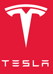 The tesla logo is on a red background.