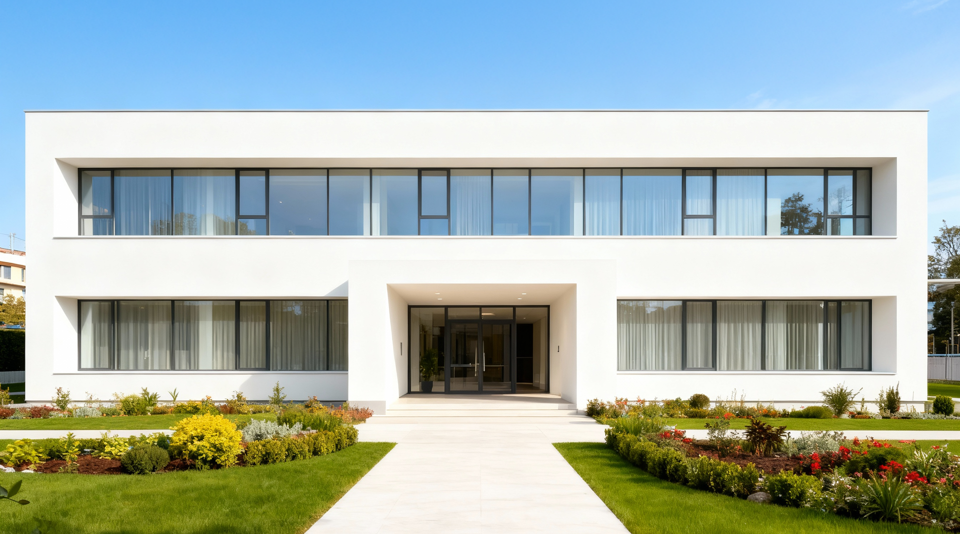 White modern building with large windows, set in a green lawn with flowerbeds, under a blue sky.