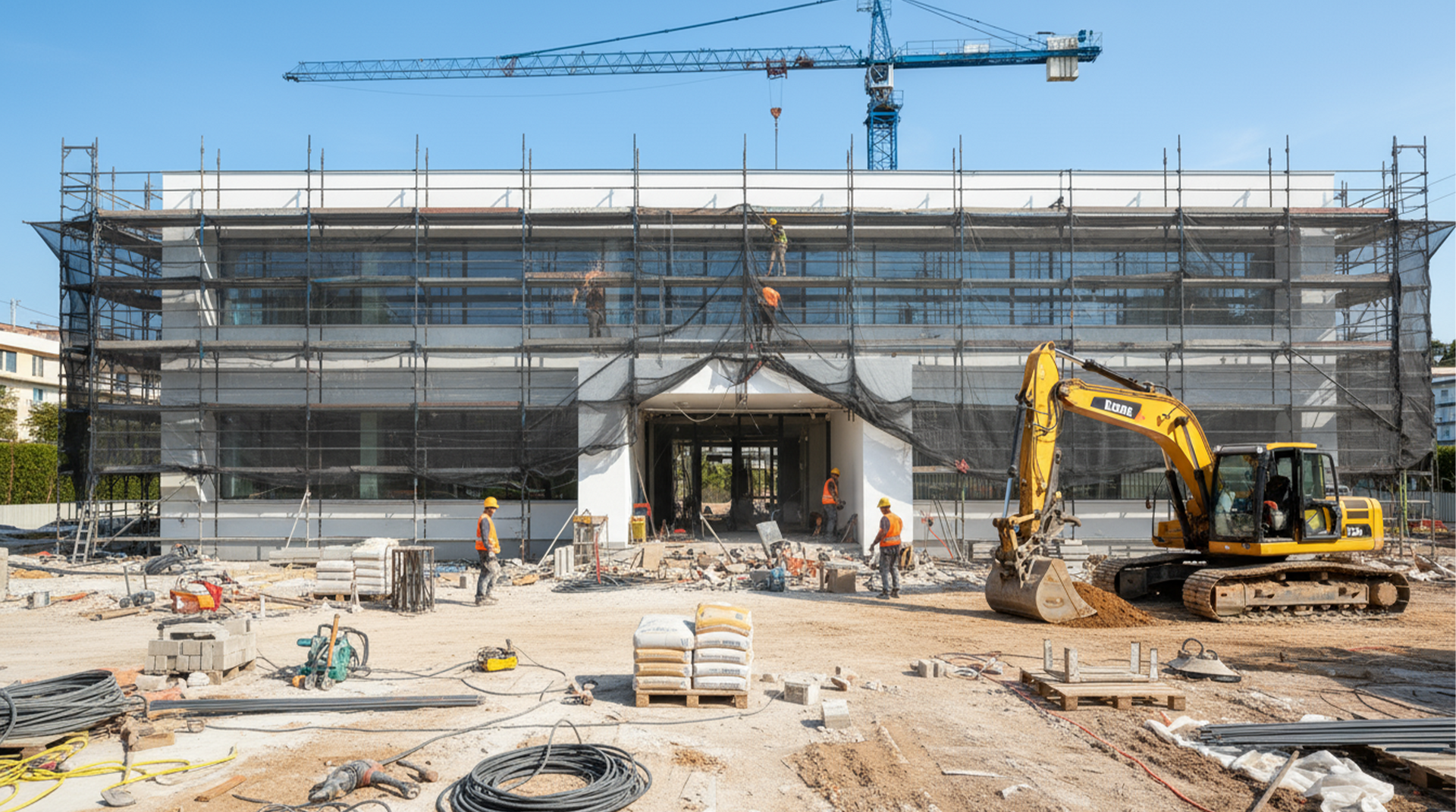 Construction site; building facade under scaffolding; workers, excavator, crane.