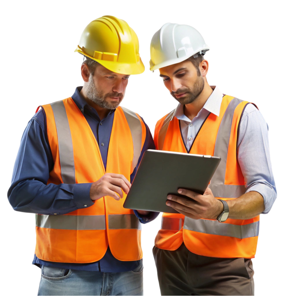 Two construction workers in vests and hard hats looking at a tablet.