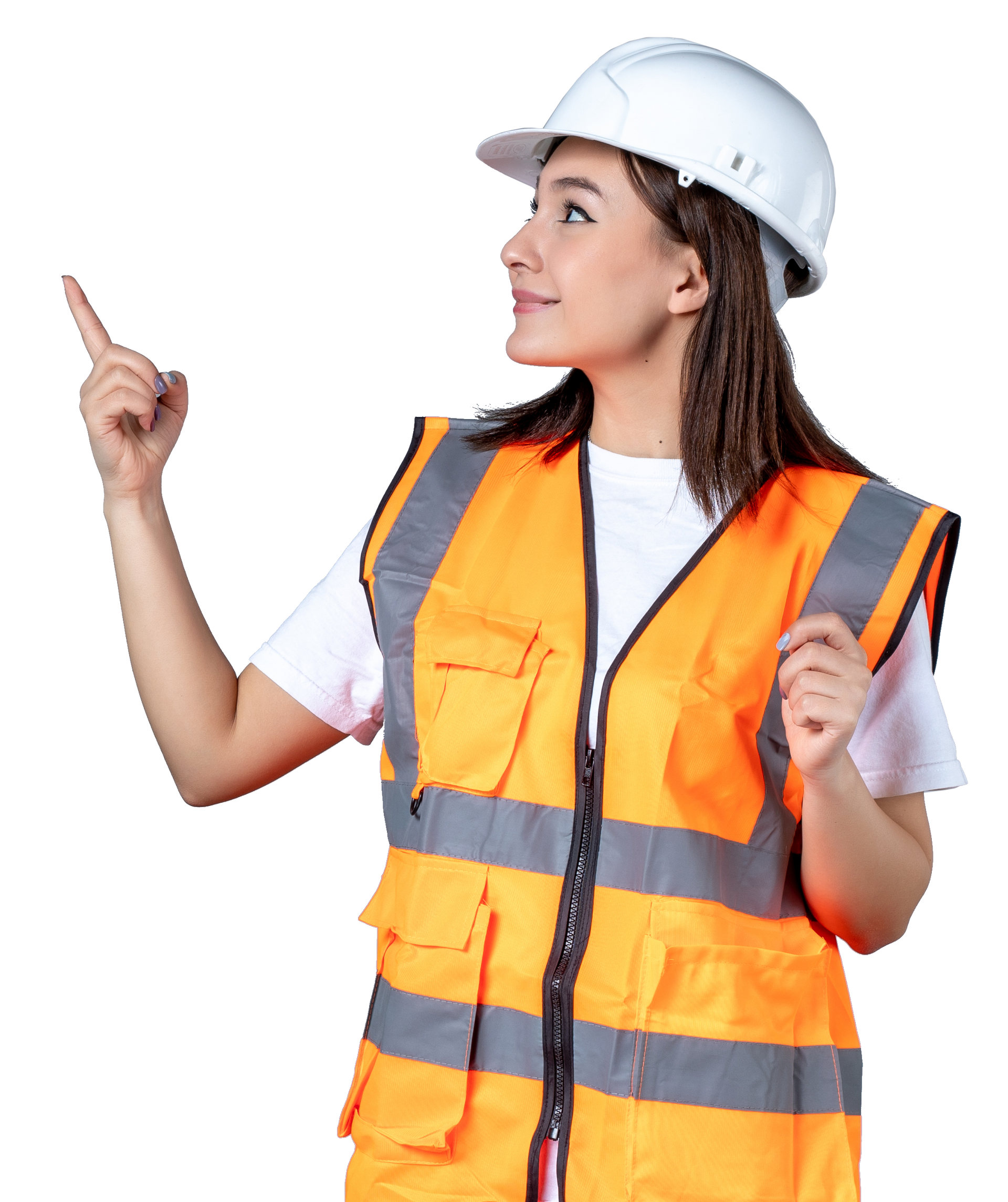 Woman in hard hat and safety vest, pointing upwards.
