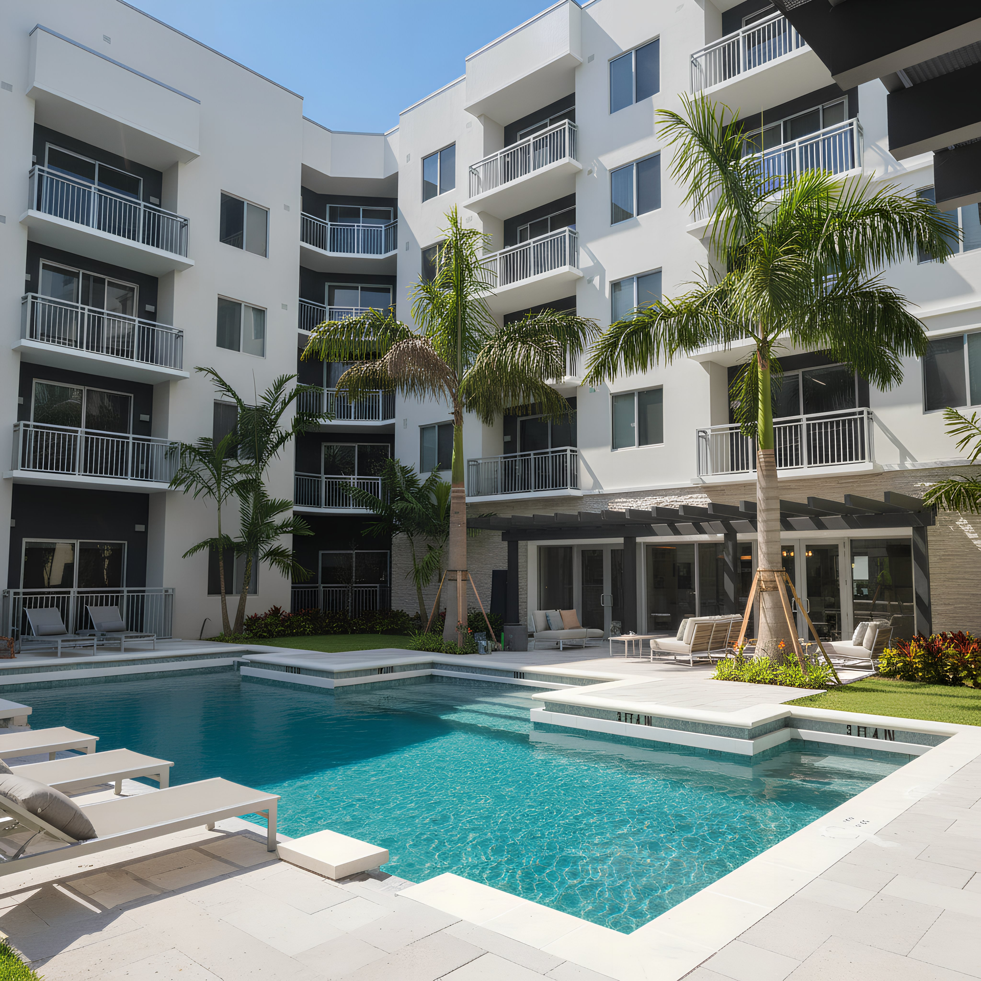 Apartment complex courtyard with a pool, palm trees, and lounge furniture.