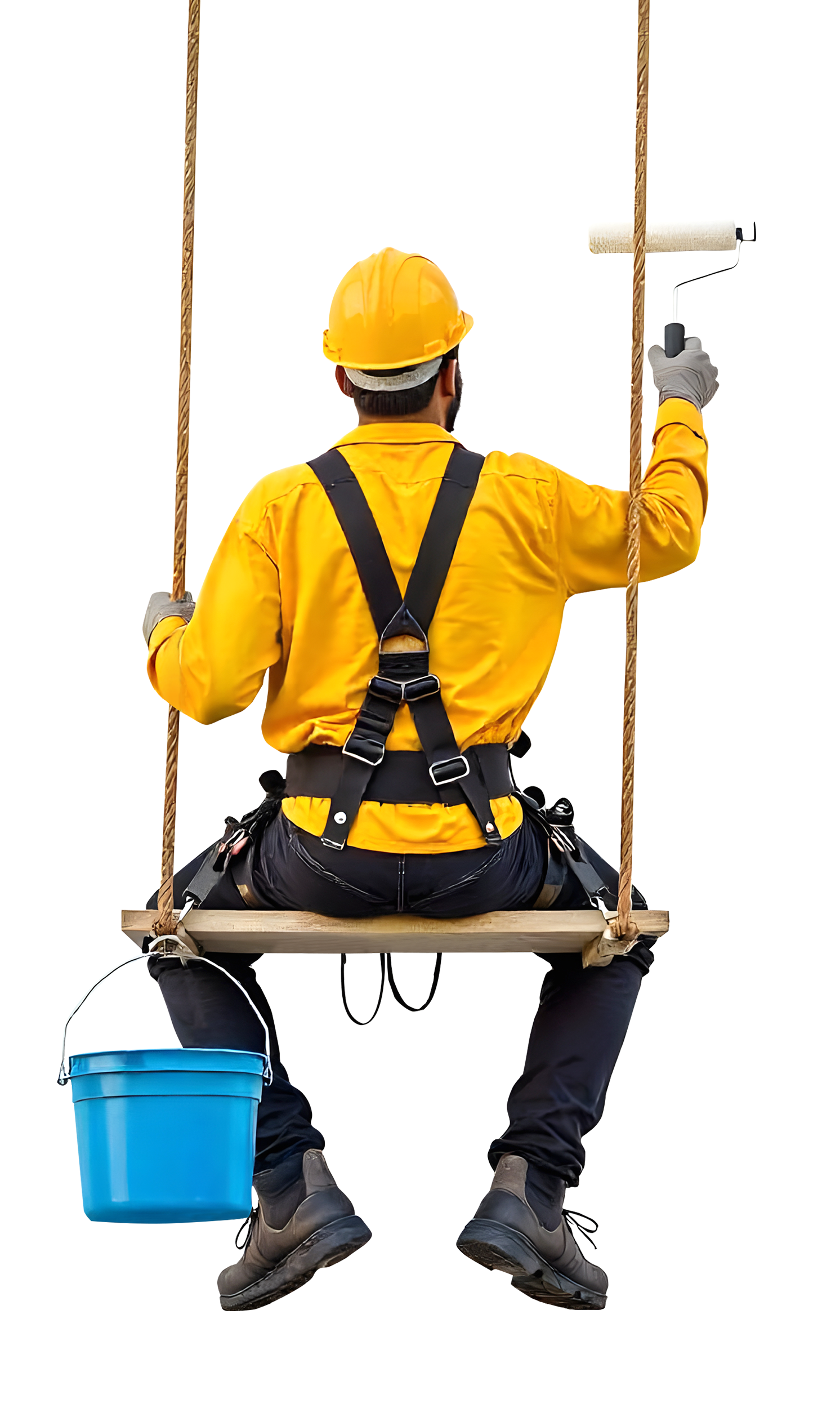 Painter in yellow safety gear on a swing, applying paint to a surface. A blue paint bucket hangs.