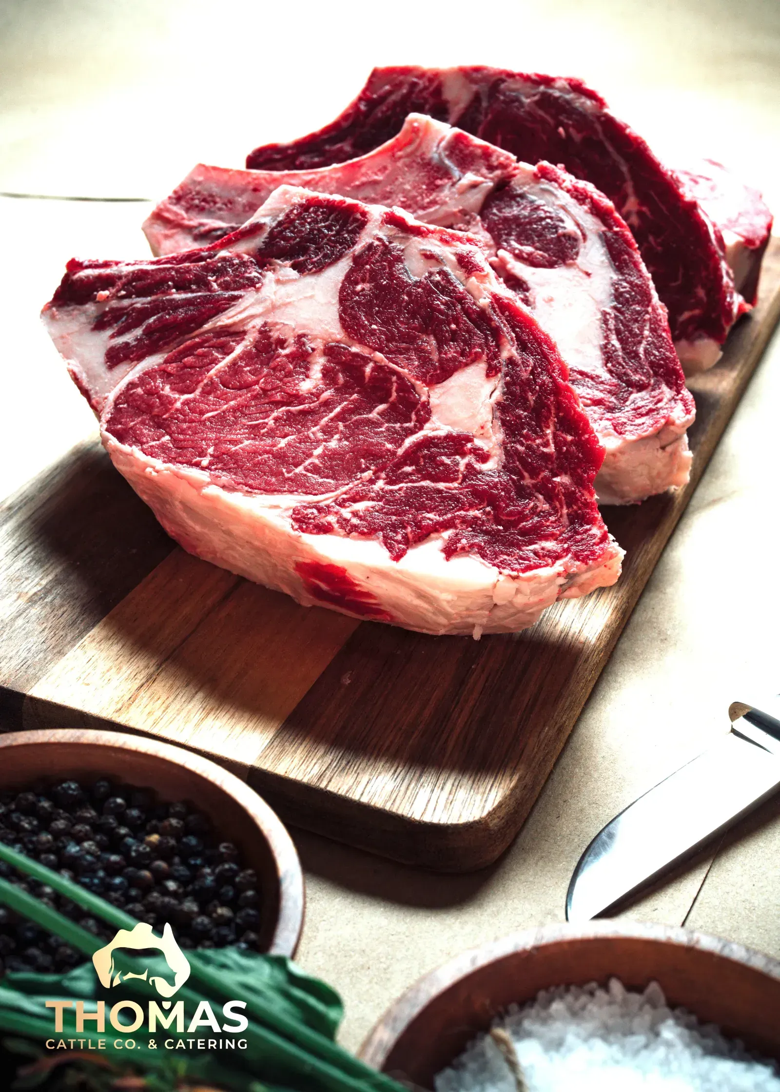 Prime beef cut prepared by Thomas Cattle & Catering butcher team.
