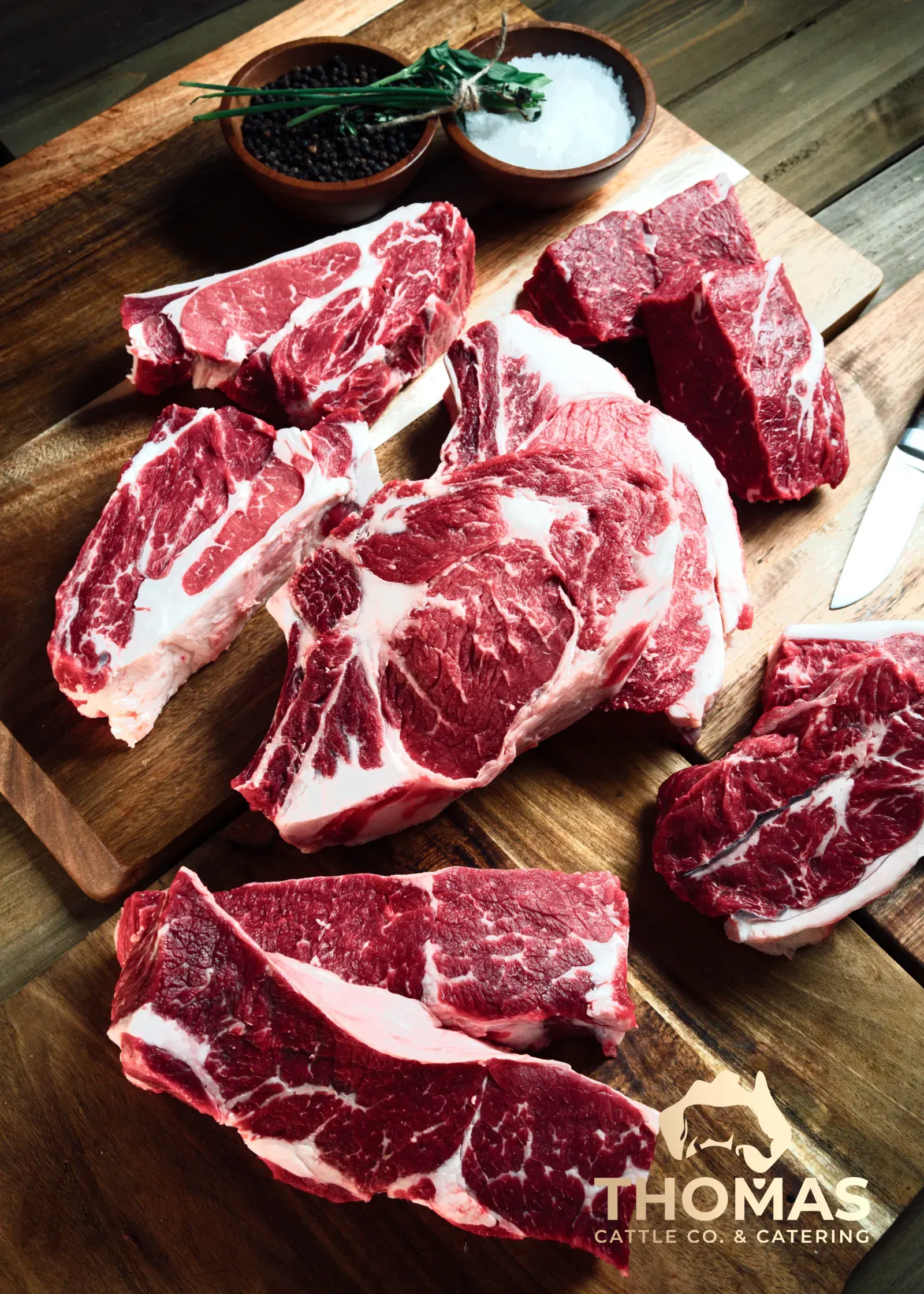 High-marbling beef cut sourced from Thomas Cattle ranch.