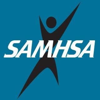 SAMHSA logo with a black abstract figure with outstretched arms over white text on a blue background.