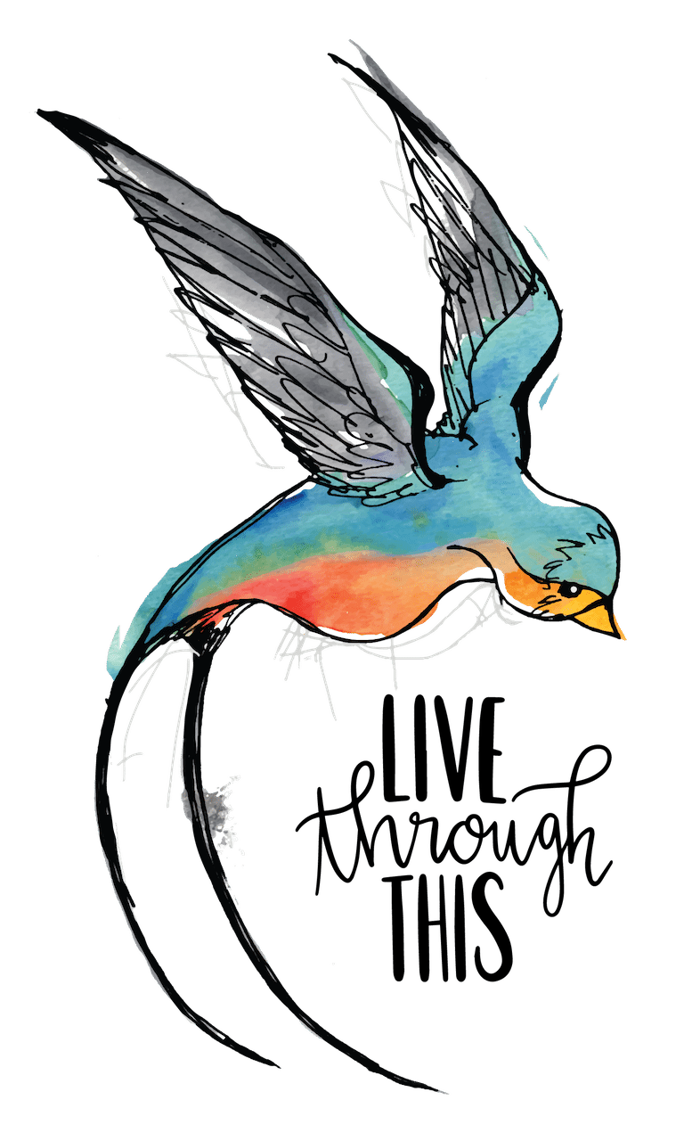 Blue and orange bird with long tail feathers in flight, watercolor style, with