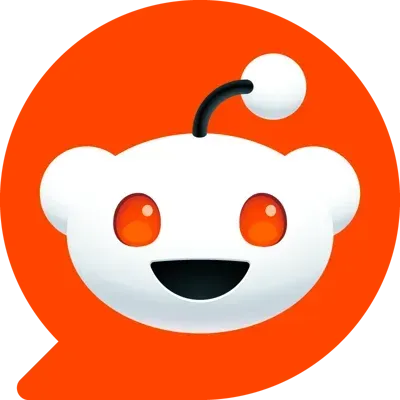 Reddit logo featuring a white Snoo with orange eyes and mouth inside an orange speech bubble.