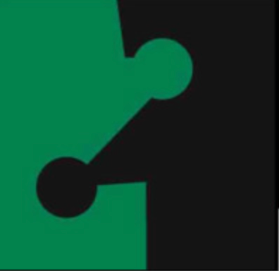 Green and black abstract design with a jigsaw puzzle shape and two connected circles.