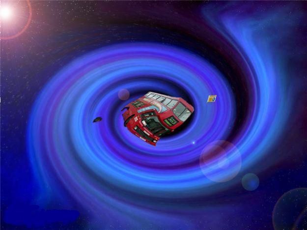 A red spaceship is caught in a swirling blue vortex against a starry background.