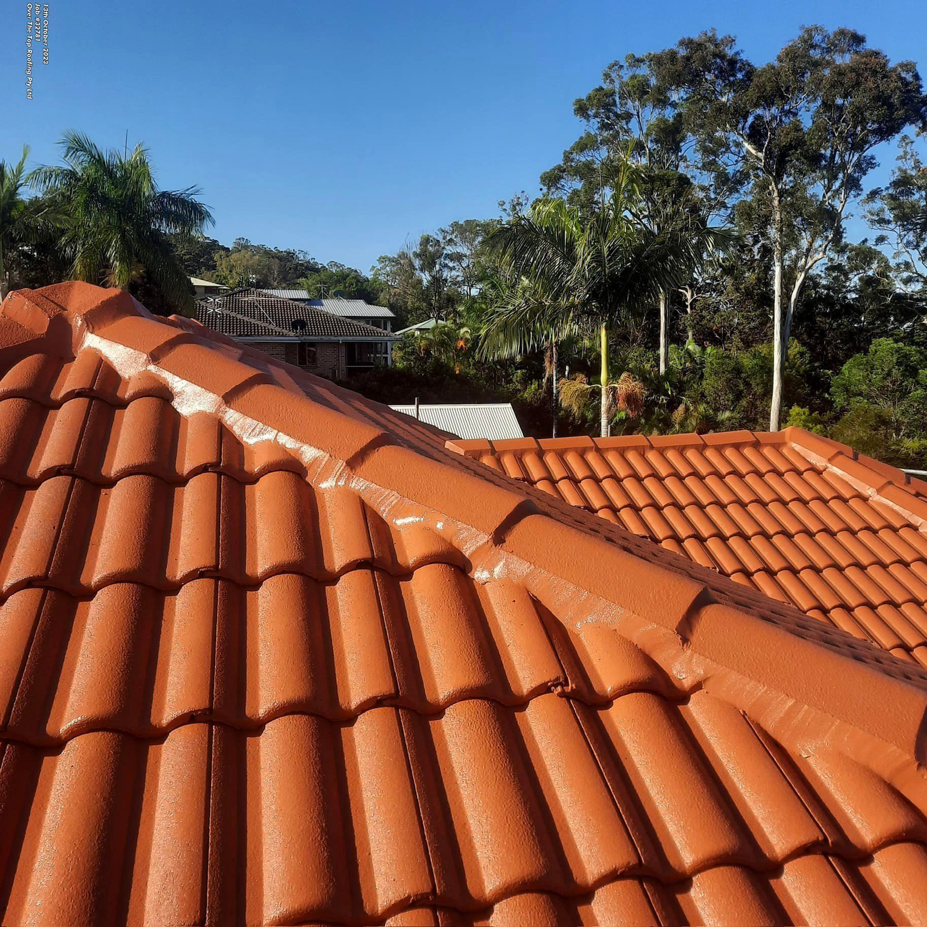 Orange Tiled Roof With Sealing Along the Ridge, Trees, and Houses — Over the Top Roofing Specialists in Gympie, QLD
