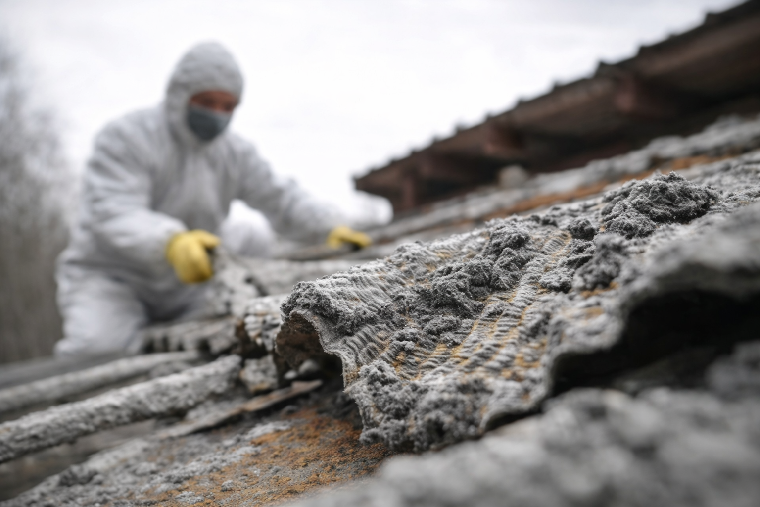 A person in a white hazmat suit and mask removes corrugated asbestos-containing roof panels from a building.