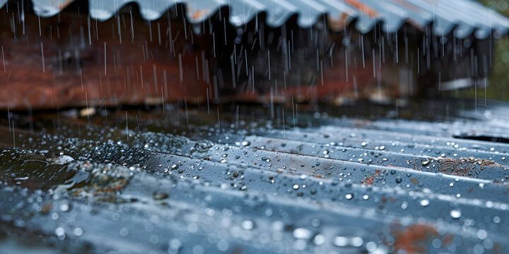 Rain falling onto a weathered, corrugated metal roof, creating small splashes and droplets on the surface.