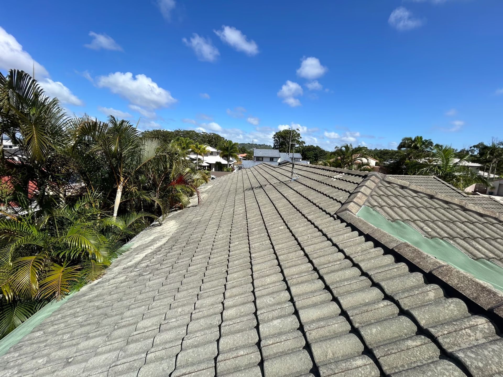 Gray Tile Roof With Green Trim Under a Blue Sky — Over the Top Roofing Specialists in Kunda Park, QLD