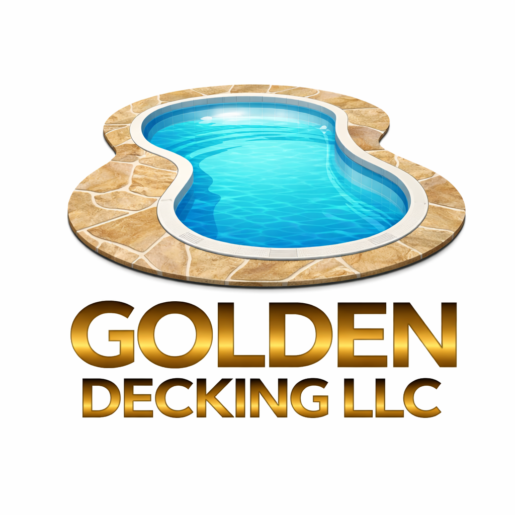 Golden Decking LLC logo: brown deck with golden roof and hammer, blue text, custom deck services.