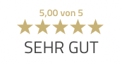 Fünf goldene Sterne mit dem Text „SEHR GUT“, was einer Bewertung von 5,0 von 5 Punkten entspricht.