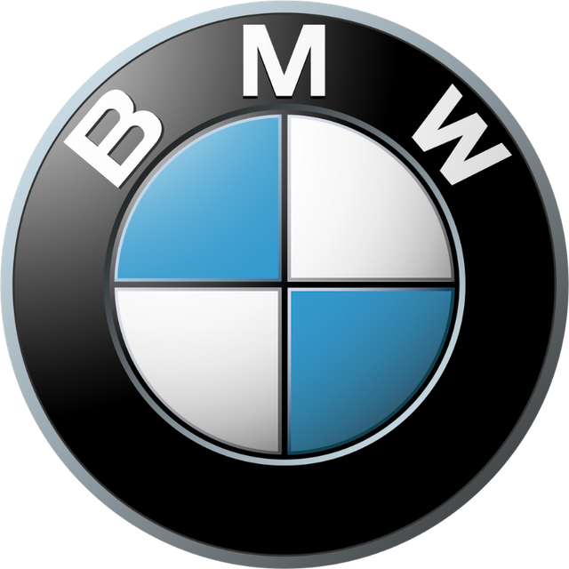 BMW-Logo: Schwarzer Kreis mit blauen und weißen Quadranten; „BMW“ in Weiß oben.