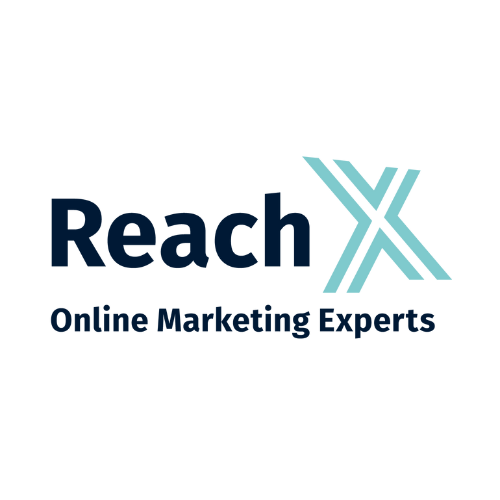 ReachX-Logo mit blaugrünem „X“-Design, Text: „Reach Online Marketing Experts“, Marineblau und Blaugrün.