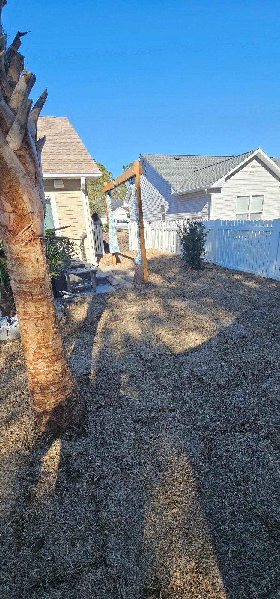 A backyard view featuring a wooden swing frame under construction on gravel, near a palm tree and a white vinyl fence.